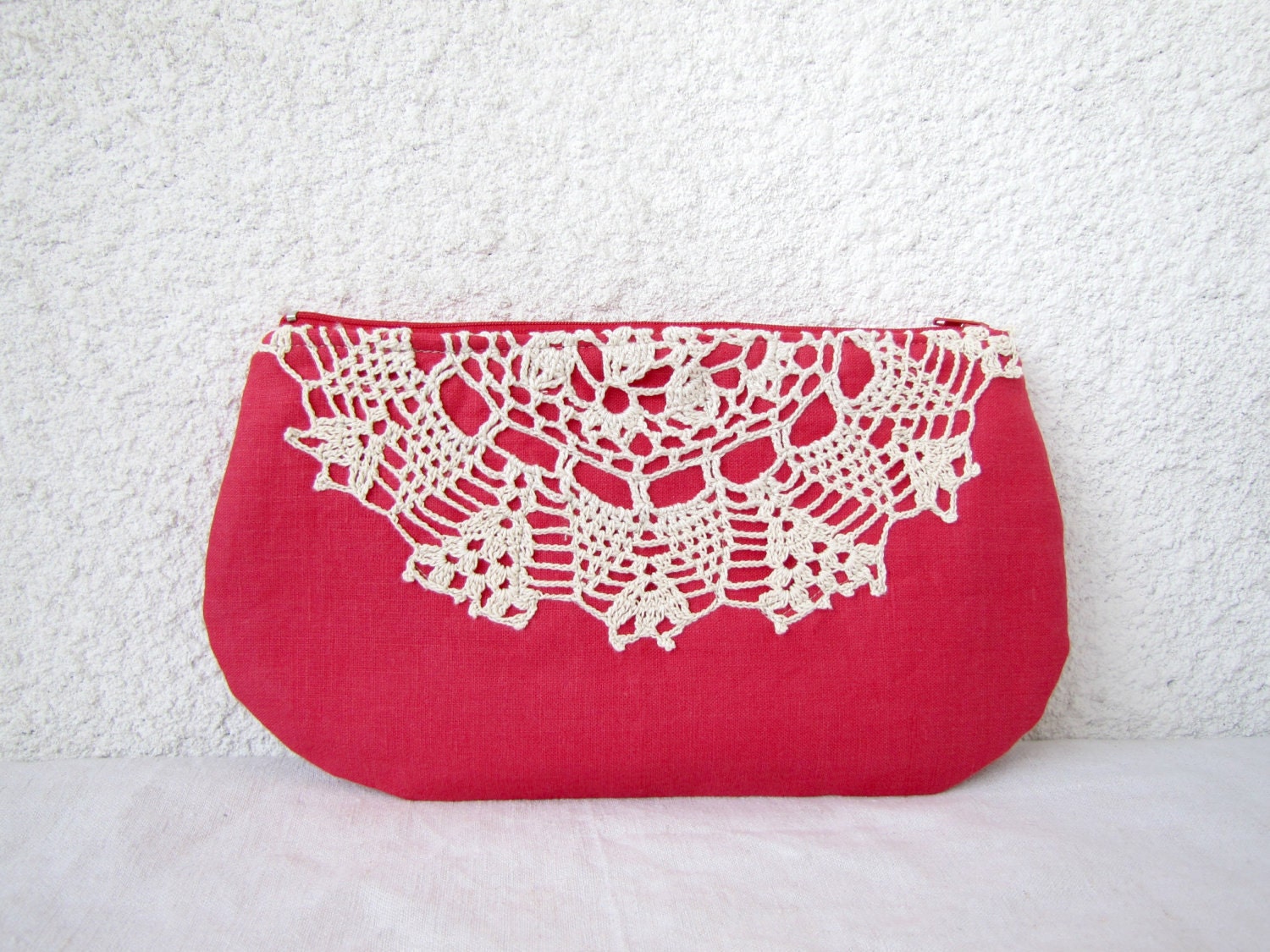 Raspberry and cream - Linen and Vintage Doily Clutch