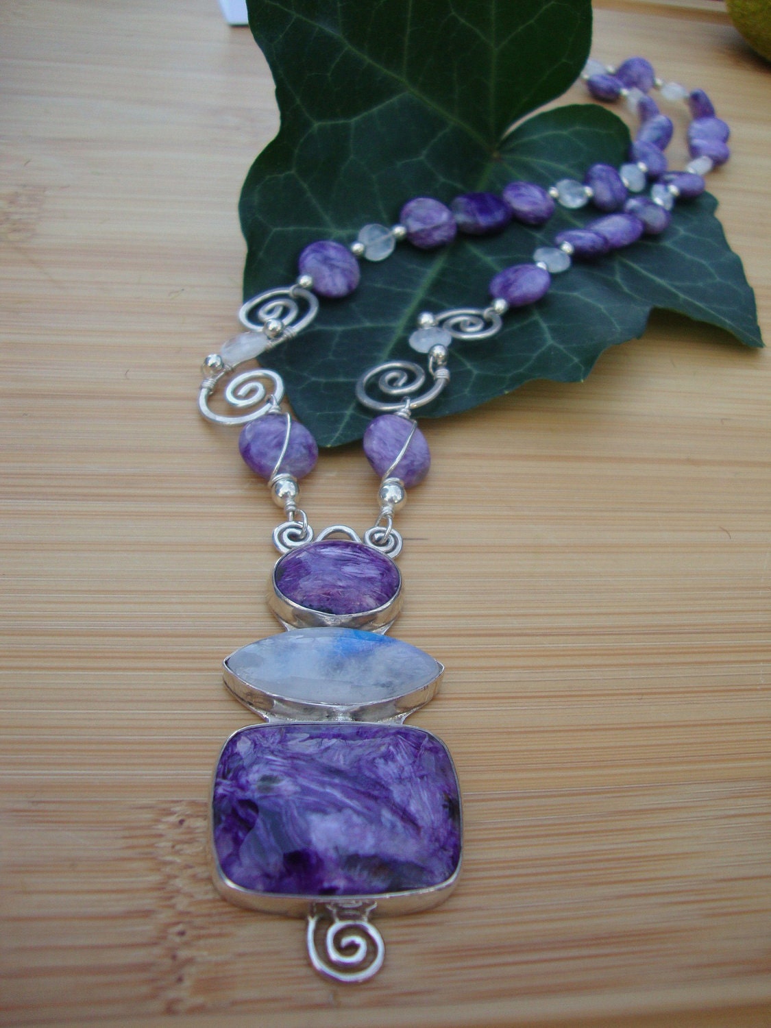 Charoite And Rainbow Moonstone Pendant Necklace Preview 4