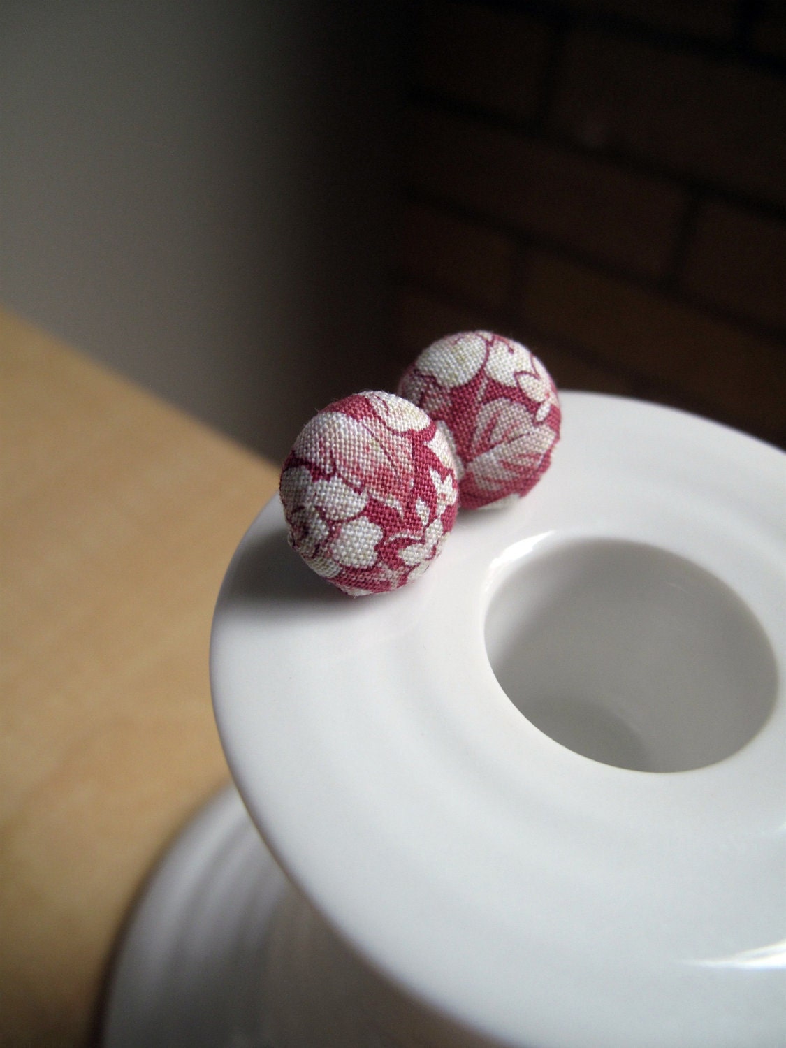 Fabric Covered Button Earrings- Pink Bouquet- Made with Vintage-Inspired Fabric
