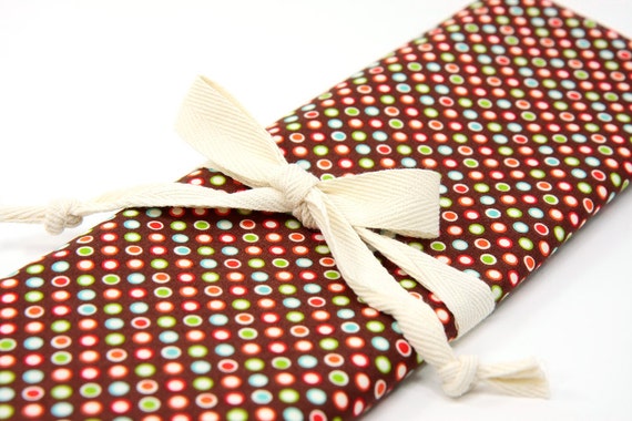 Knitting Needle Case Organizer - FUNKY DOTS - 30 natural pockets for all sizes, circular, straight, dpn, or paint brushes