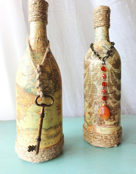 Эмилия-Vintage бутылки со старыми карт и ключей, функциональный ваза, декор пункт, единственный в своем роде подарка