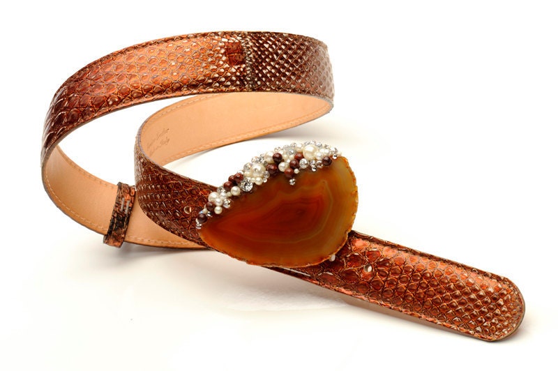 Jeweled belt buckle in orange agate and pearls with precious orange python skin belt