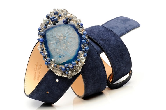 Jeweled belt buckle in ice blue agate with lapis lazuli beads and fabulous suede belt