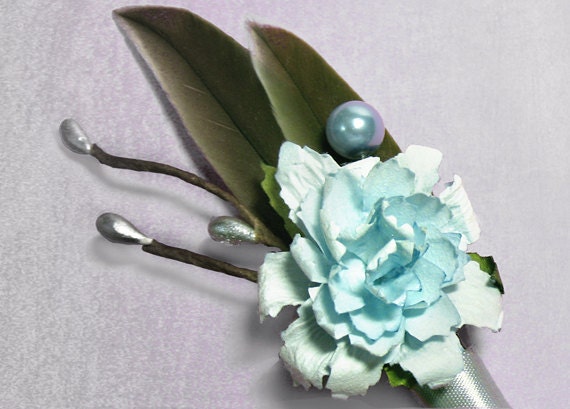 Ice blue boutineer silver boutonniere winter grey wedding gray feathers 