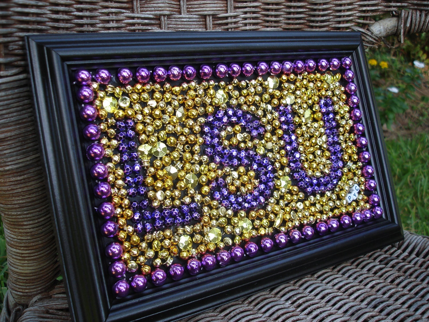Custom Order LSU framed Mardi Gras bead art purple and gold Christmas orders only to be completed and shipped after Christmas