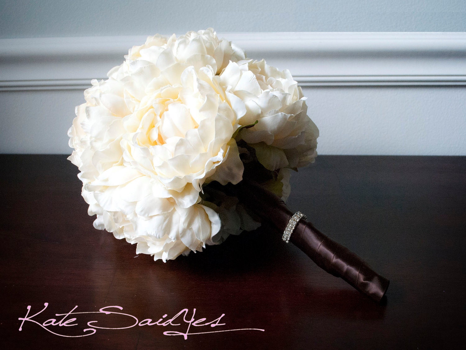 Silk Wedding Bouquet - Creamy Yellow Peony Silk Bridal Wedding Bouquet with Rhinestones