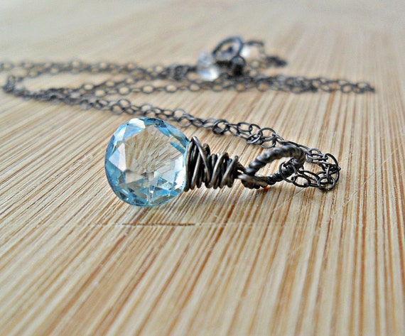 Swiss Blue Topaz Necklace, AAA Sky Blue Swiss Topaz Oxidized Sterling Silver December Birthday December Birthstone