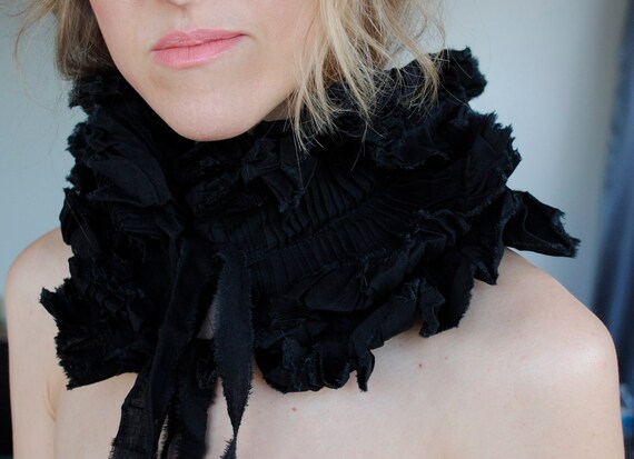 Ruffle collar/ Ruffled fashion/ Hand Made/ Black cotton/ Edgy/Gift for her under 50