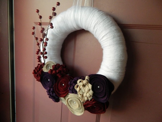 White Yarn Wrapped Wreath with Plum, Cranberry and Cream Felt Flowers