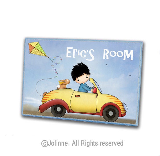 Baby boys room door sign, personalized children door plaque room wall art, boy in a yellow car, rabbit, bunny, kite