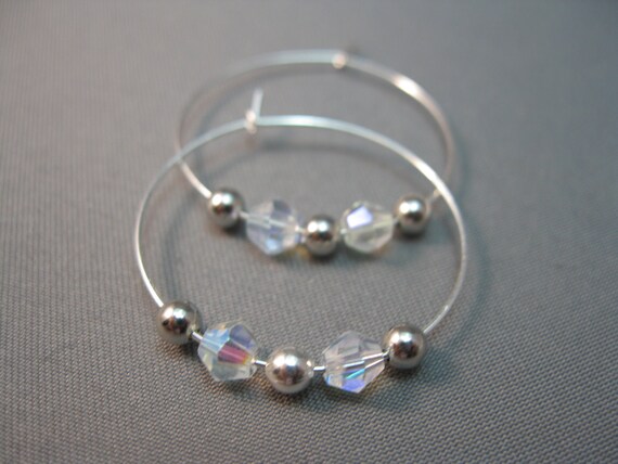 Delicate Silver Hoops and Beads with Opaline AB Crystals Earrings