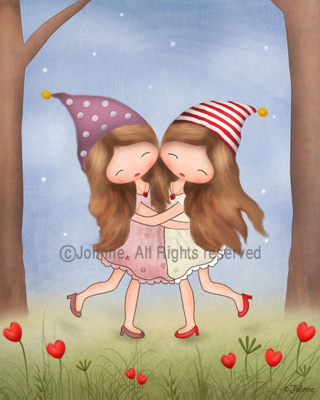 Twin sisters kids wall art print , children room decor nature colorful nursery art , open edition , kids housewares