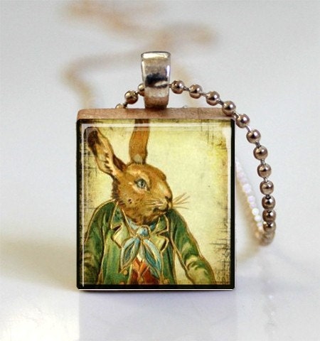 Rabbit in Green Jacket Scrabble Tile Pendant Easter Jewelry (ITEM S281) Free Ball Chain Necklace or Key Ring