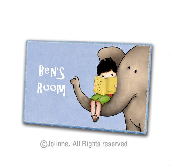 personalized children name door sign , kids room art, custom made, Elephant , books , boys room , kids door hanger