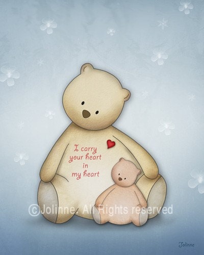 Nursery print, kids wall art, children room decor, emotional quote baby wall art I carry your heart nursery illustration teddy bears