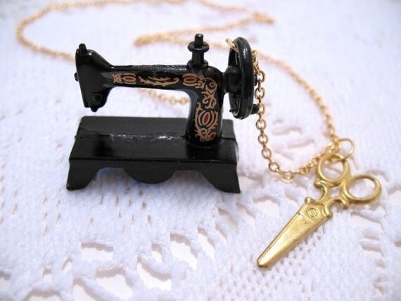 Sewing Machine Necklace With Scissors Miniature Charm Pendant