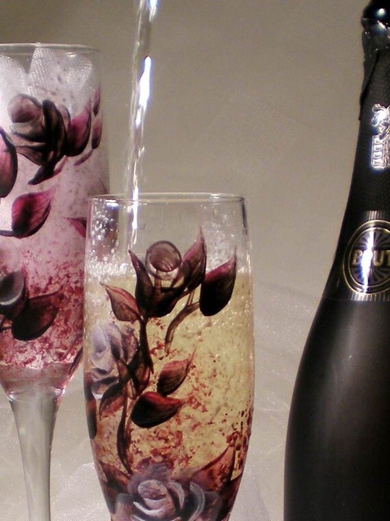 Hand Painted Champagne Flutes Glasses - Deep Burgundy Berry Silver Roses - Set of FOUR