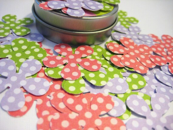 Polka dot flower confetti, pink, green, and purple, 48 pieces