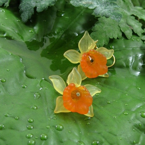 Orange and Yellow Drop Orchid  Earrings - Tropical Beauty