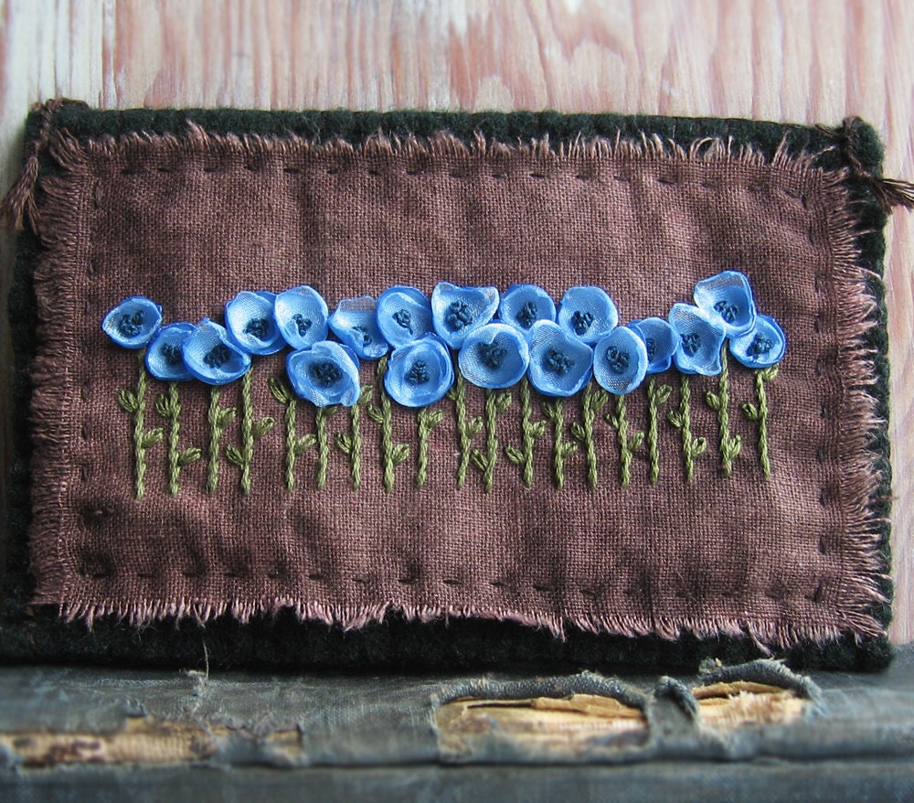 Blue Flowers on Brown / Fiber Art Hand Embroidered Wall Hanging