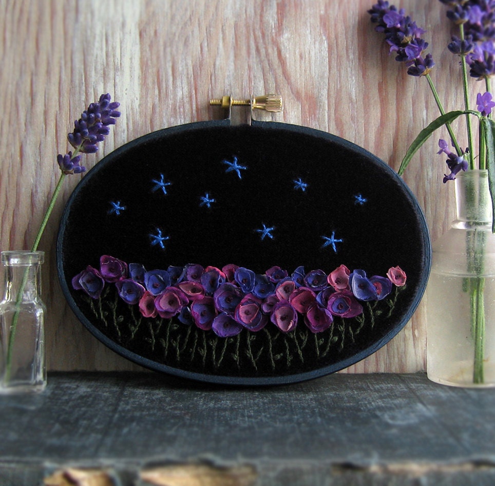 Midnight Garden Hand Embroidered Wall Art in 3 x 5 inch oval hoop