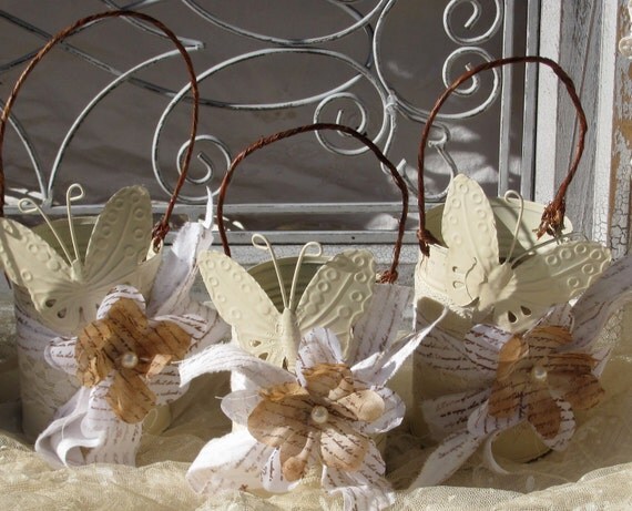 Shabby Chic Tin Cans With Butterflies  Perfect for Wedding Decoration  Set of 4  by My Broken Art on Etsy
