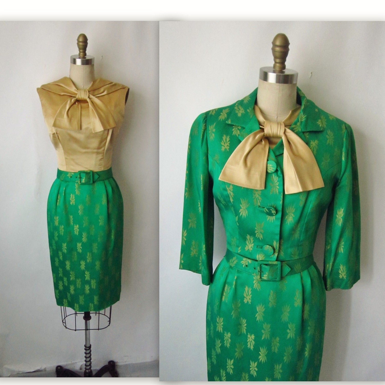 50's Cocktail Dress Set  // Vintage 1950's Gold & Emerald Satin Brocade Cocktail Party Wiggle Dress Jacket Ensemble XS