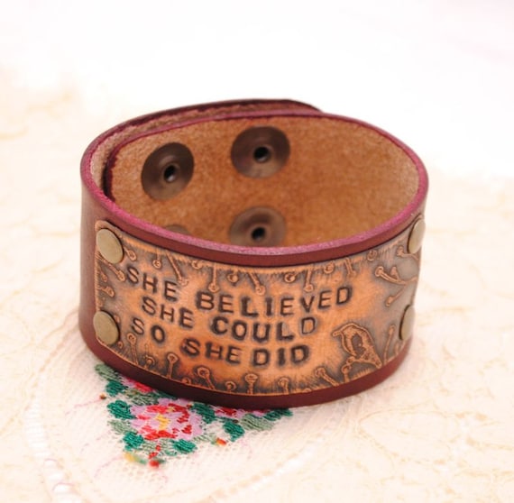 Etched Copper Bracelet Leather Cuff She Believed She Could So She Did Oxblood