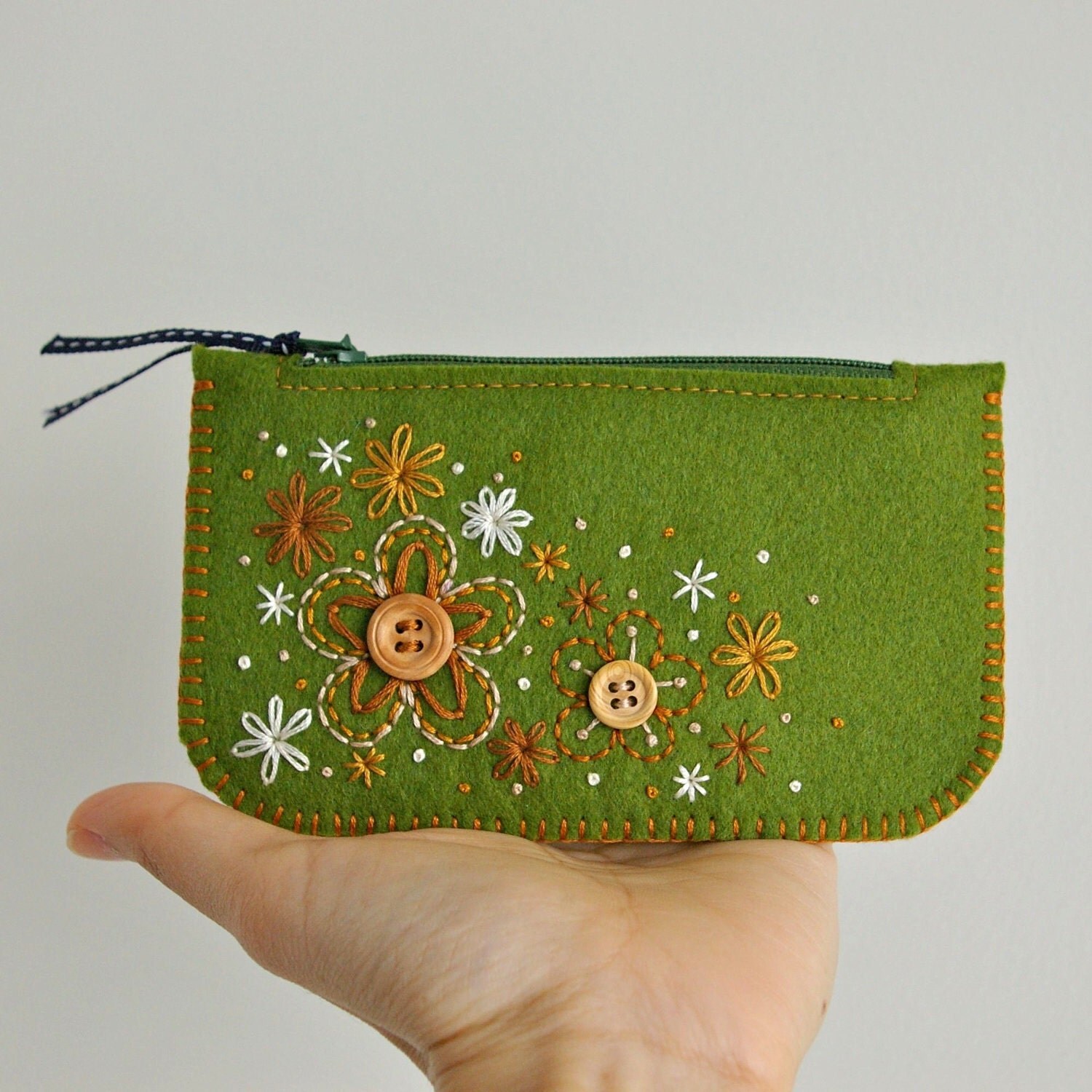 Sweet Blossoms: Made To Order Hand Embroidered Wool Felt Coin Purse or iPhone Cozy by LoftFullOfGoodies