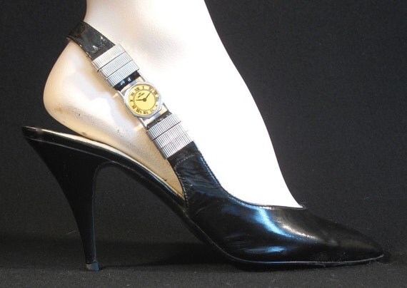 ON HOLD Vintage Disco Shoes / 70s Watch Strap Slingbacks / 7.5 M (B) / Black High Heels