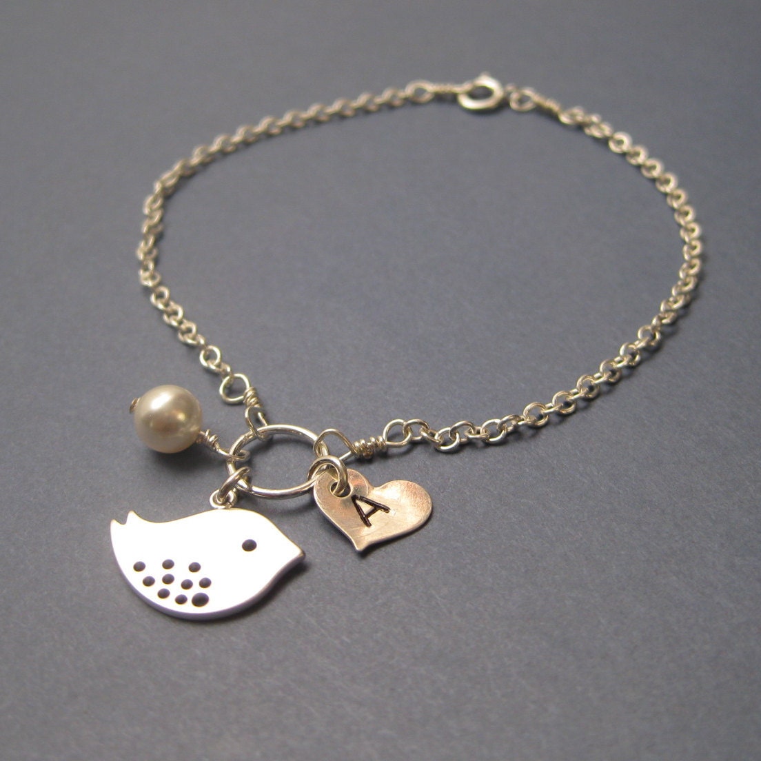 Sterling Silver Spotted Sparrow Pearl and initialed heart bracelet
