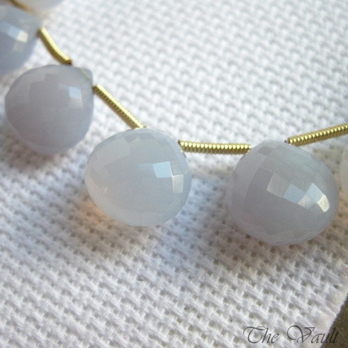 6 Chalcedony 12mm heart faceted briolettes - cloud blue