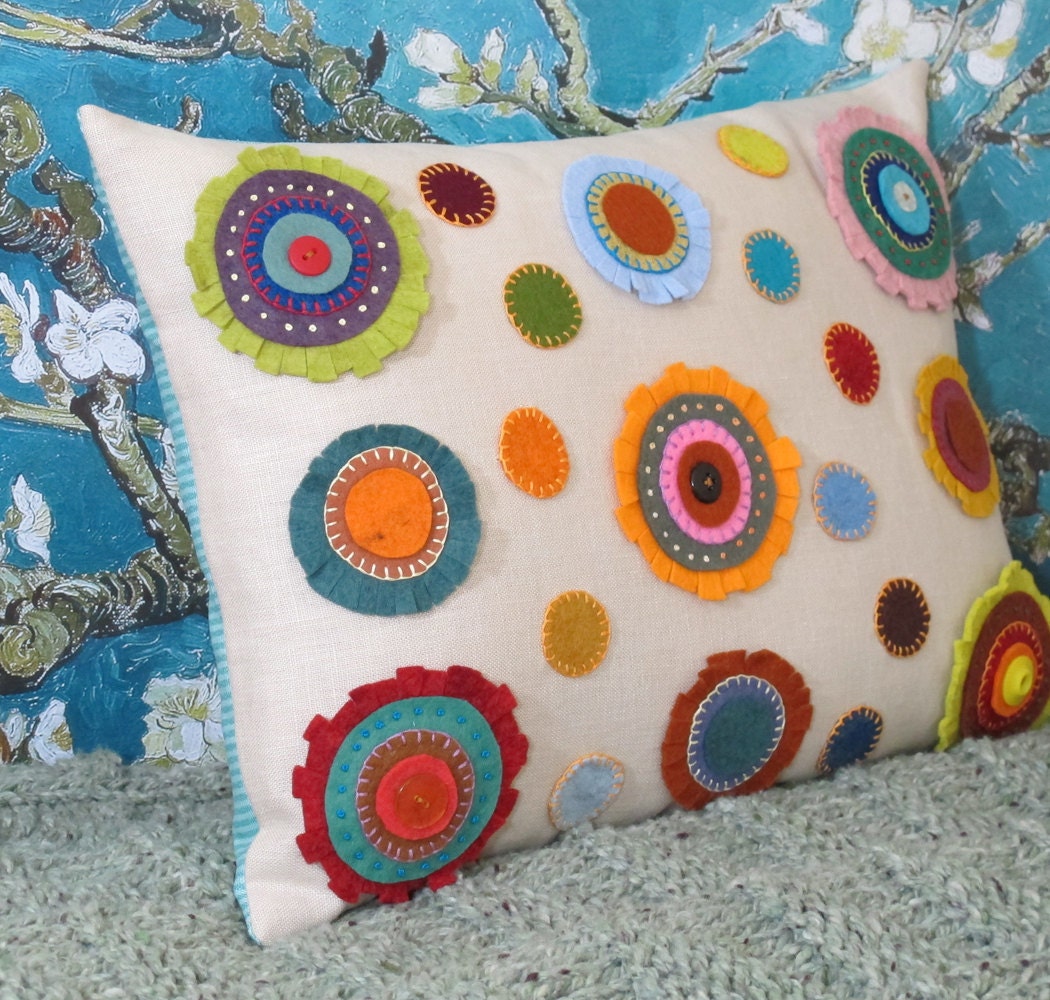Handmade Folk Art Penny Rug Polka Dot Pillow -- shabby chic, throw pillow, decorative pillow, cushion, embroidery, circles