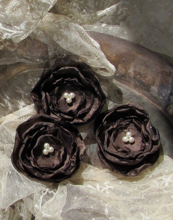 Fabric Flowers Set of 3 Chocolate Brown with Tulle by My Broken Art on Etsy