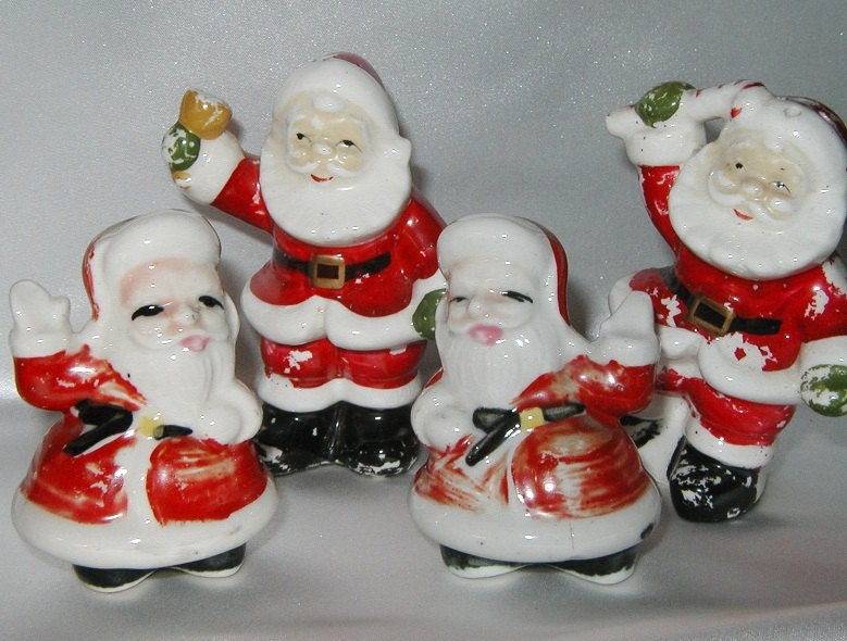 Shabby Santas Salt and Pepper Shakers - 2 Sets - Vintage Santa Claus for your Shabby Chic Christmas Holiday display - Fun with Santa