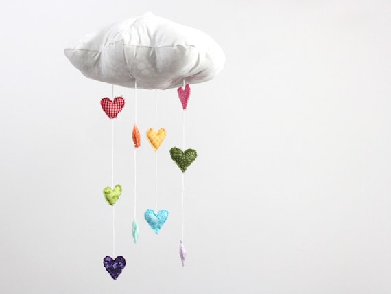 Showered with Love - Heart Rainbow Cloud Mobile - fabric sculpture decoration for nursery