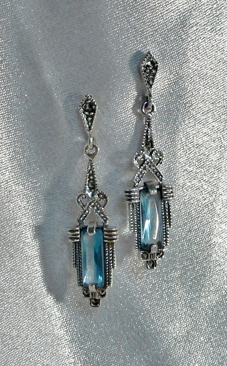 Vintage Earrings Art Deco Marcasite Sterling Silver 925 Earrings With Swiss Blue Topaz  Gemstone