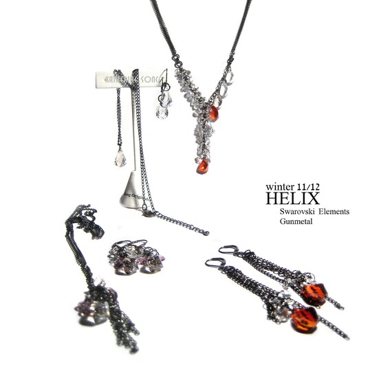 crystal necklace and earrings set, clear crystal Swarovski 18mm Helix pendant with gunmetal chain