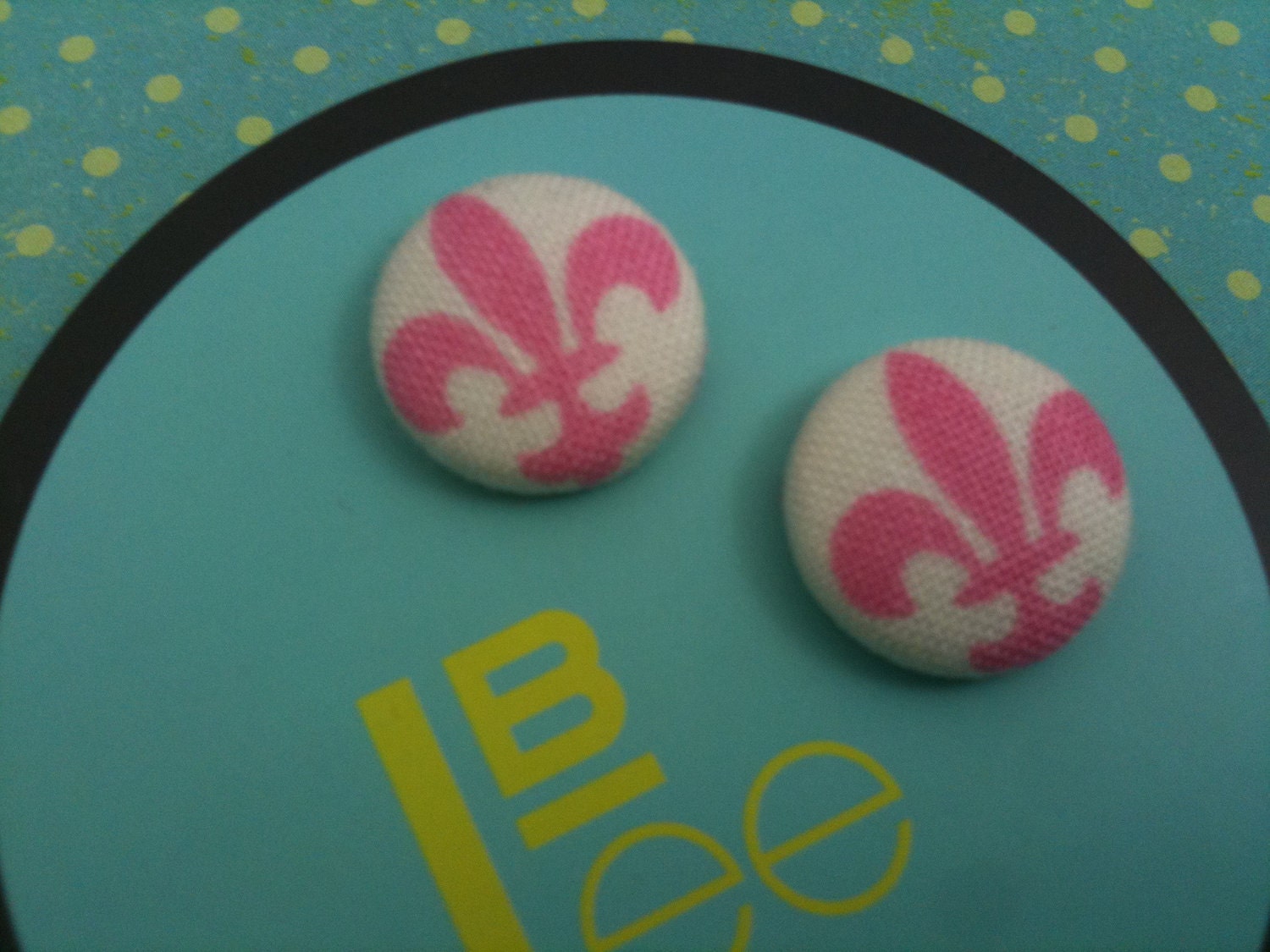 Precious pink and white fleur de lis fabric covered button earrings
