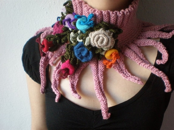Elan ... Knitted Neckwarmer / Scarflette - Dusted Rose Pink - Colorful Flowers