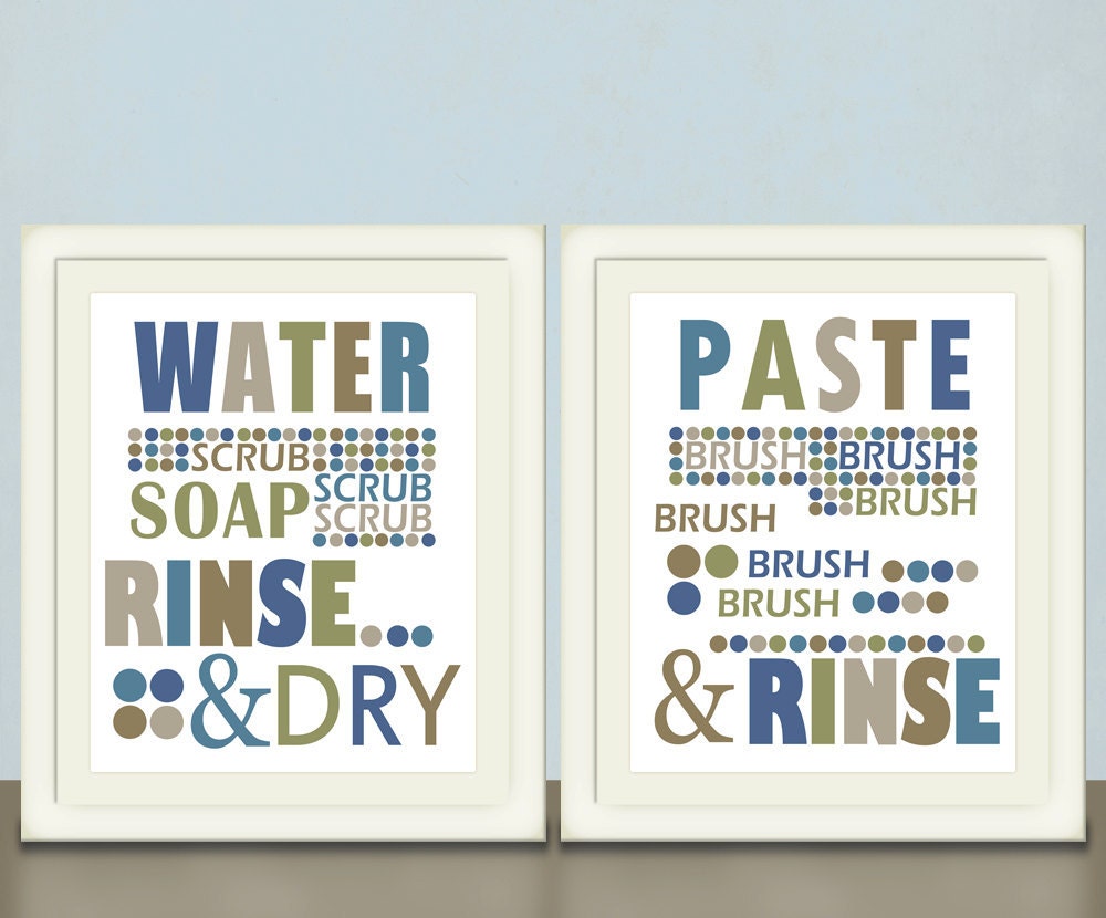 Kids Bathroom Art, Wash Your Hands, Brush Your Teeth, Set of Two, pick custom colors, size 8x10