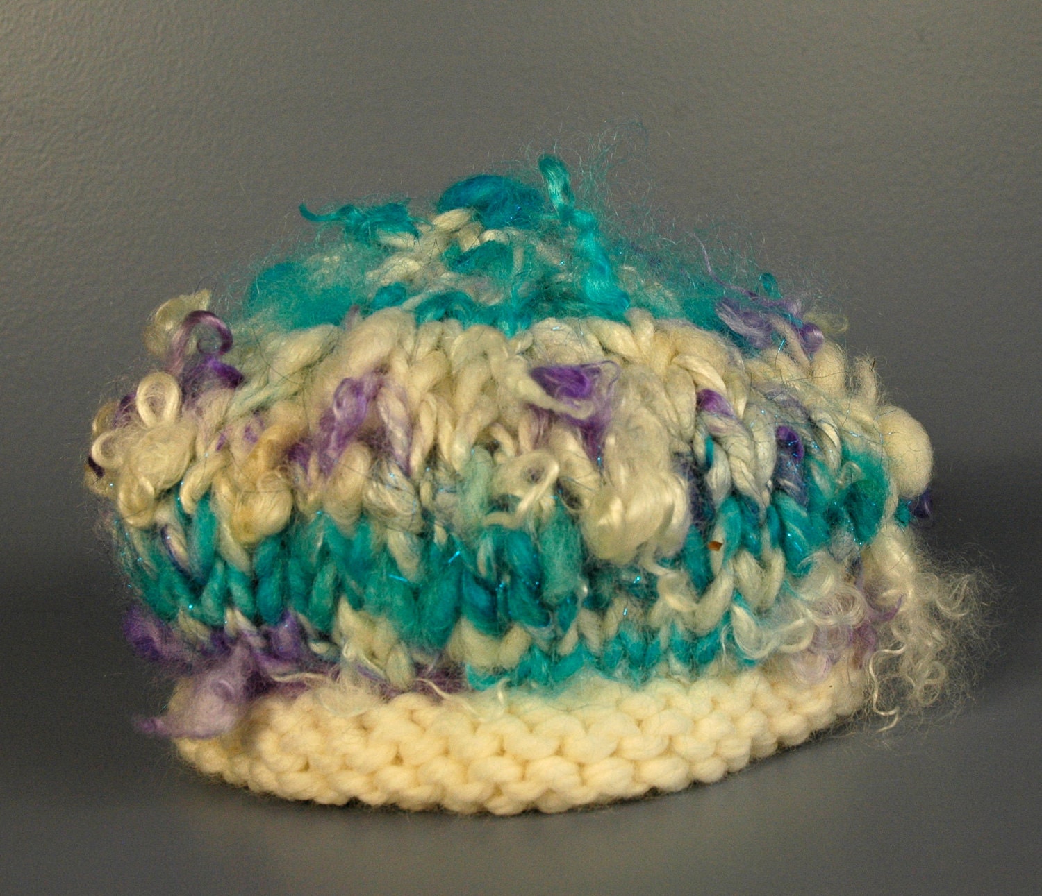A Mermaids Hat. Hand Knit Colorful Art Yarn