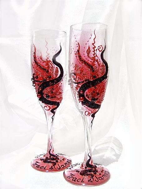 Personalized red and black wedding champagne flutes From PureBeautyArt