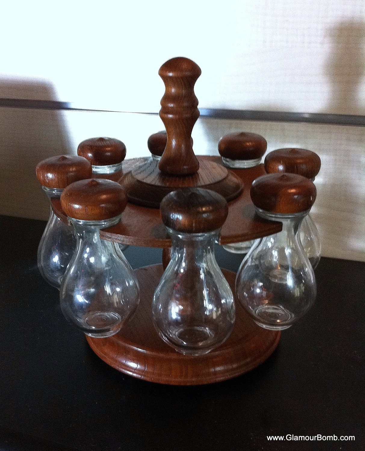 Vintage Apothecary Jar Spice Rack by Woodcrest Styson 1968 -  Wooden and Glass Set - Lazy Susan Style Kitchen Accessories Organizer