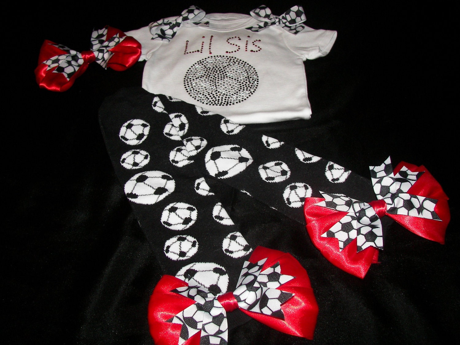 Lil Sis Soccer BLING Set---BLING Onesie or Shirt--Bow Embellished Leg Warmers