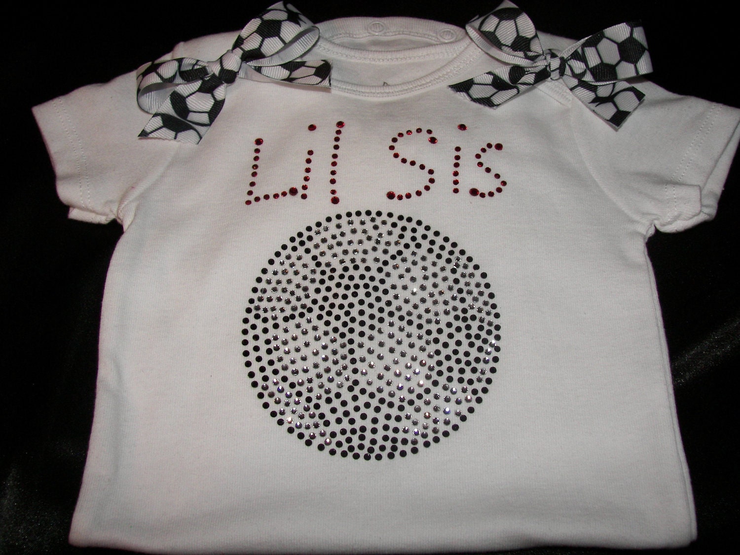 Lil Sis Soccer BLING Set---BLING Onesie or Shirt--Bow Embellished Leg Warmers