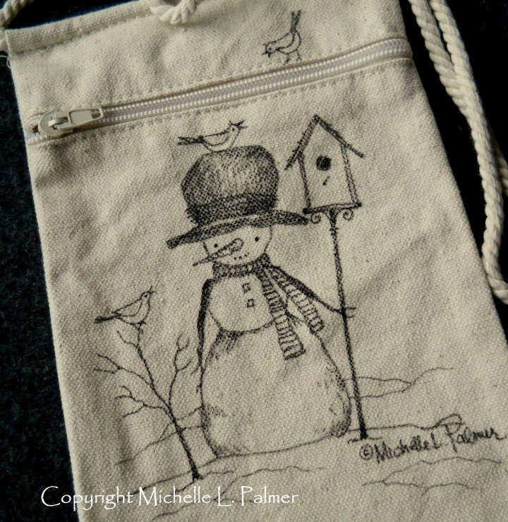 Snowman Winter Christmas Birdhouse Sparrow Bird Original Art Illustration on Natural Canvas Bag Tote Purse