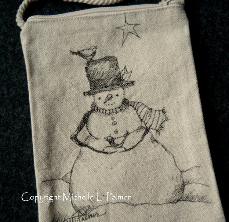 Snowman Winter Christmas Star Sparrows Bird Original Art Illustration on Natural Canvas Bag Tote Purse