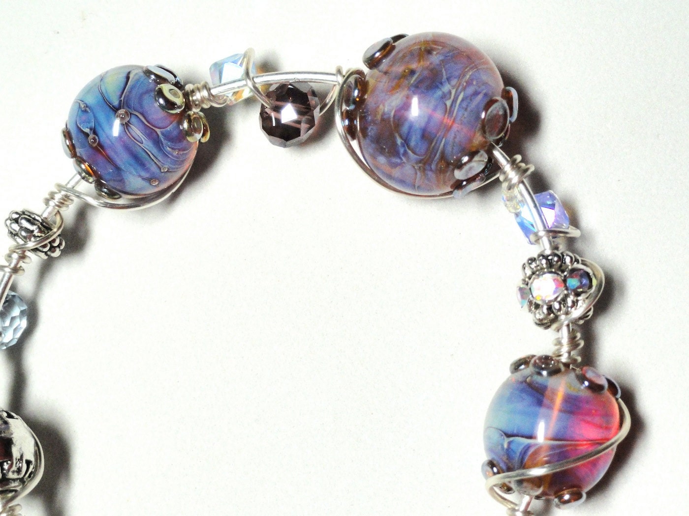 Moonlight & Roses Blue Rosy Amber Lampwork Bead Wire Wrapped Bracelet