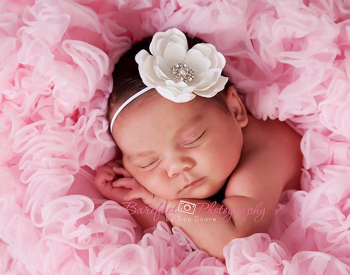 Baby Headband..Baby Girl Headband..Baby Girl Christening or Baptism Headband..Diamond White Flower Headband with Pearls and Rhinestones